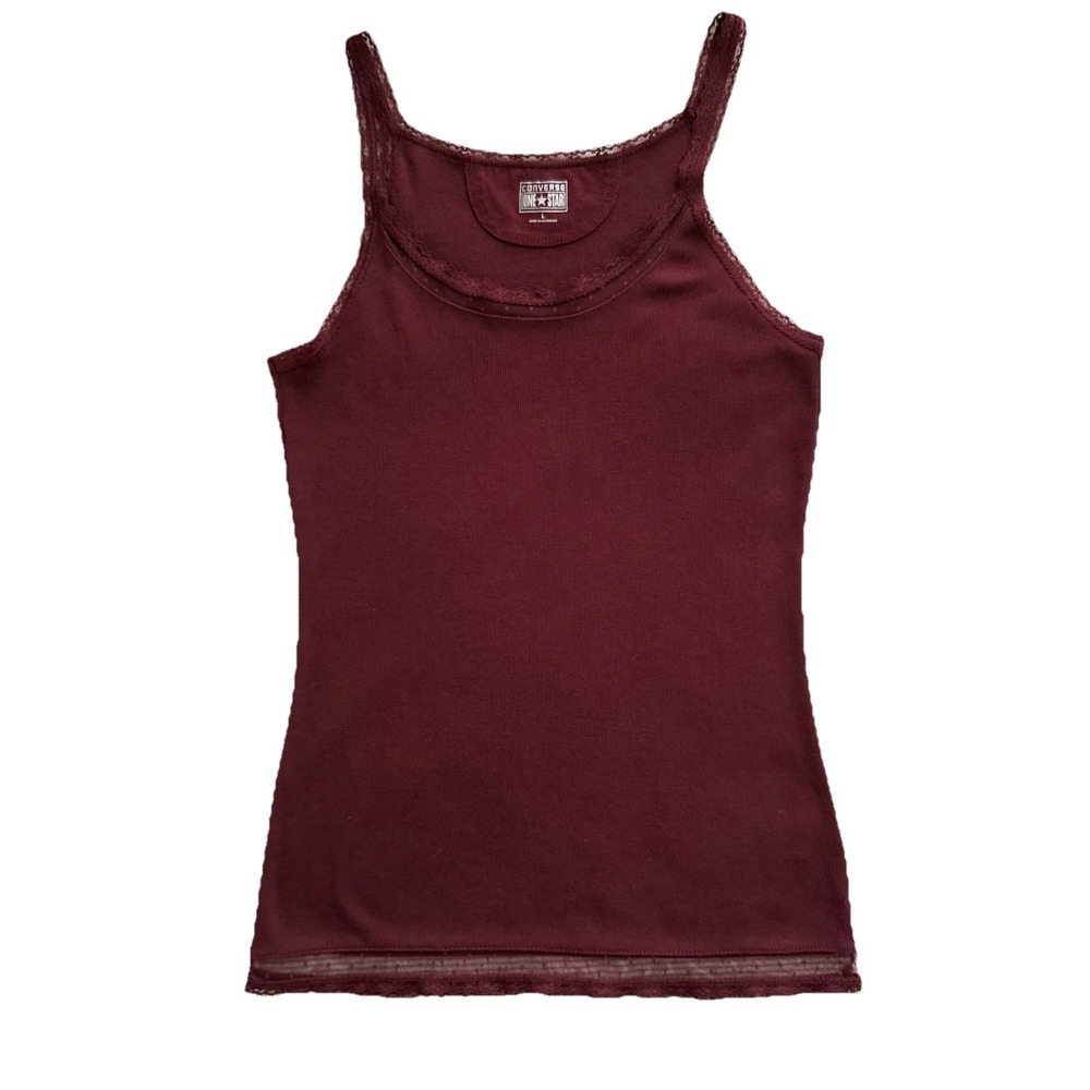 Burgundy Lace Cami Top‎ Womens Large Y2K Layer Casual Emo Maroon Rib Knit Beach